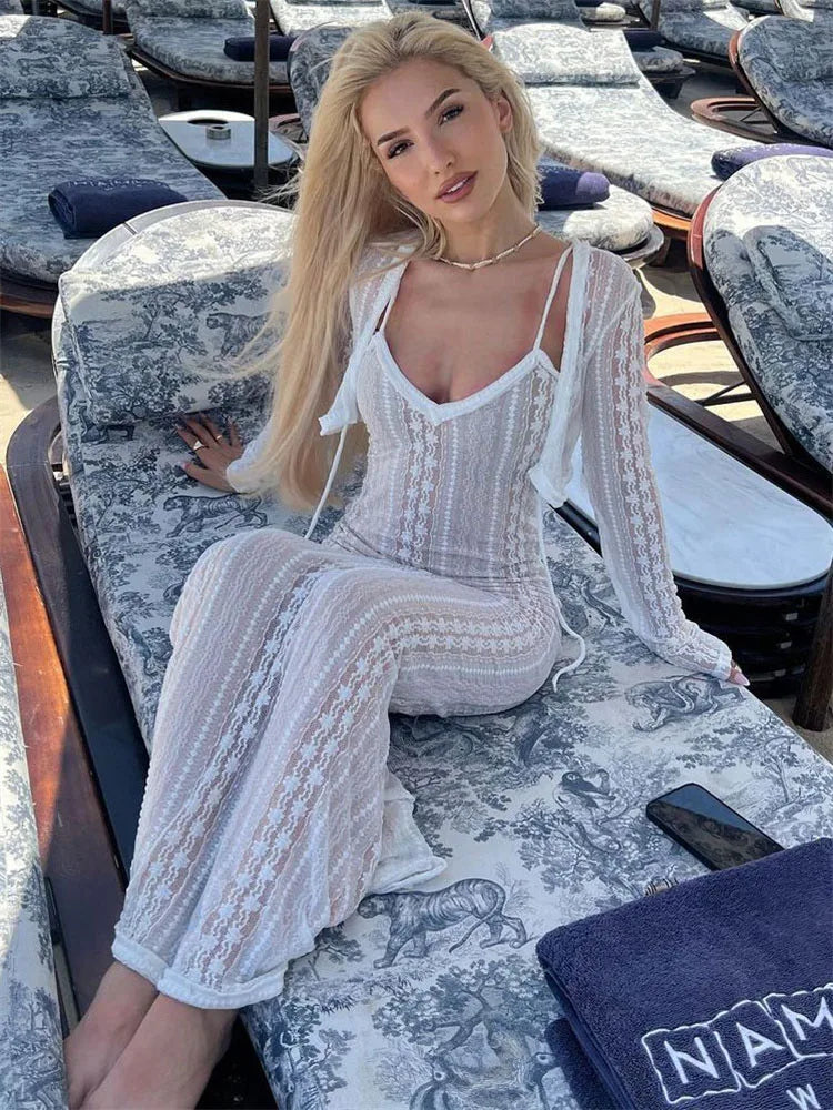 Picsgirl -  Lace Dress Sets Women Bodycon Long Sleeve Cover-up Ladies Split V Neck Slim High Waist Dresses For Woman Summer Casual