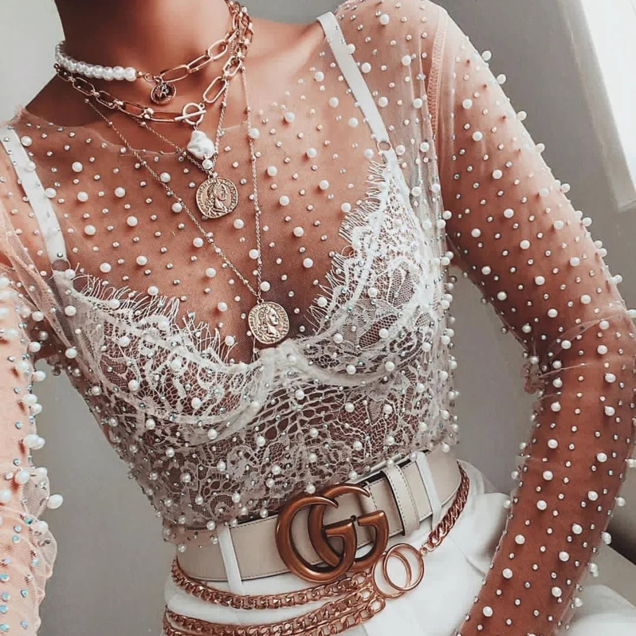 Gtpdpllt Sexy See Through T Shirt Women Mesh Patchwork Diamonds Pearl Slim T-Shirts Elegant Crop Tops Female Spring Clothes