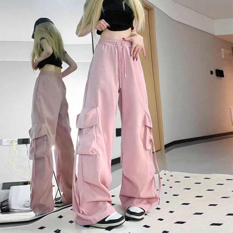 HOUZHOU Harajuku Oversized Cargo Parachute Pants Women Streetwear Vintage Y2k Hip Hop Wide Leg Joggers Baggy Sweatpants Techwear