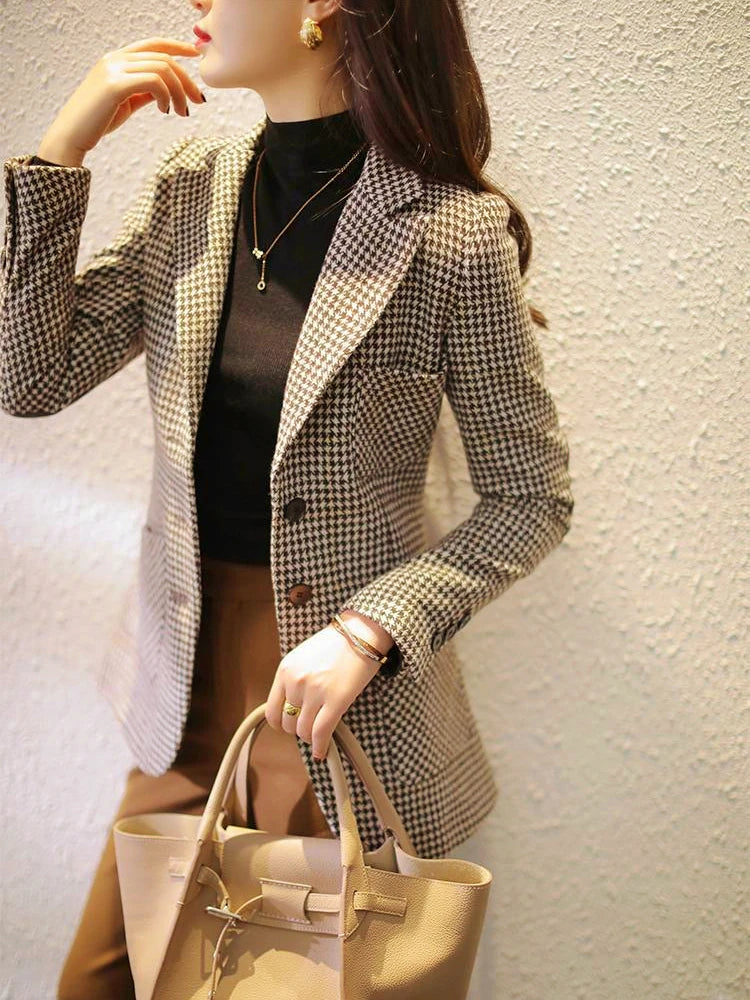 Chic Elegant Woman Jacket Autumn New In Korean Fashion Black Coats Oversize Single Breasted Casual Houndstooth Blazer Women 2023