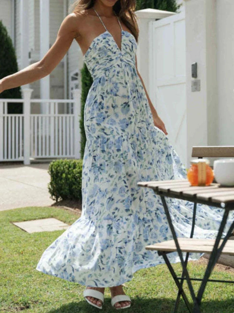 Fashion Icon Dress To impress Boho Backless Tiered Long Beach Dress Summer Chiffon Halter V Neck Sleeveless Floral Flowy A Line Maxi Women Dress