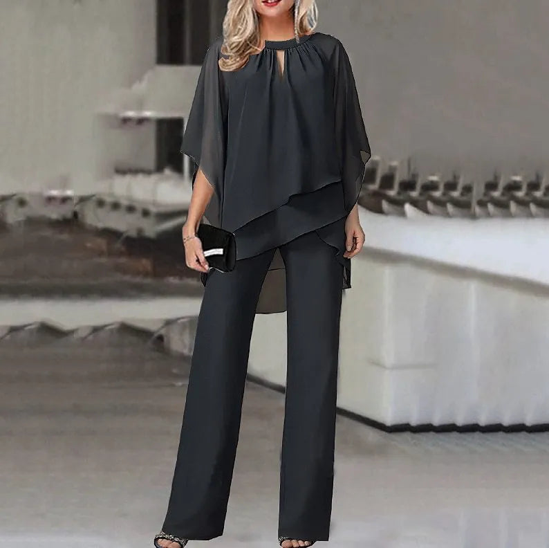 Fashion Solid Women Set Elegant Two Piece Set Casual Irregular Suit Loose Half Sleeve Tops+High Waist Wide Leg Pants Set Outfits