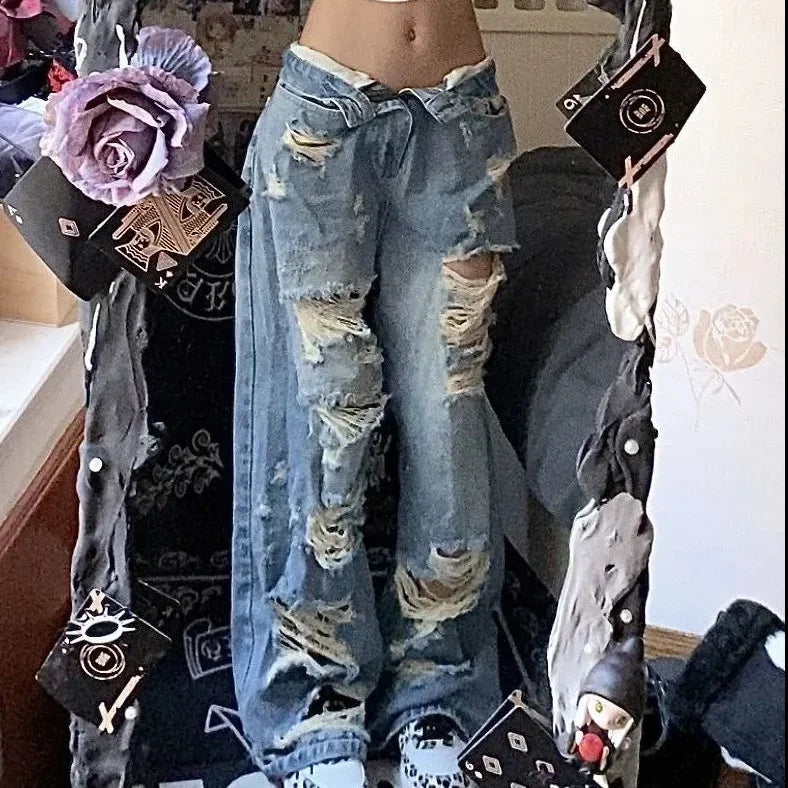 Retro Washed Ripped Blue Jeans for Women American Loose Straight Slim Personality Wide Legs Pants Mop The Floor Long Pants Tide