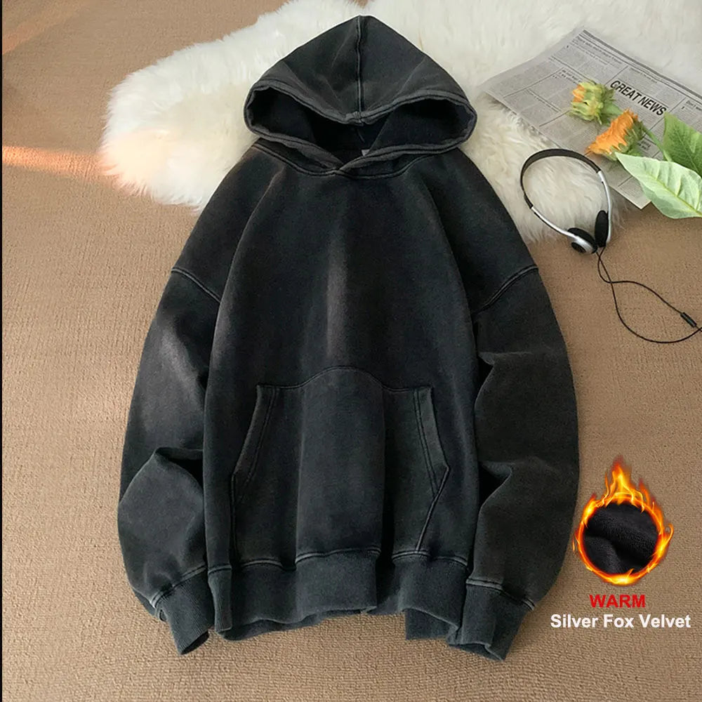 warmmeta Quality Cotton Fall Men Loose Hoodies Solid Color Acid Washed Man Oversized Sweatshirts Hooded Pulovers Male Pullovers