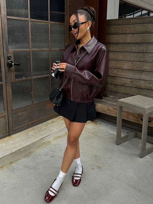 Vintage Solid Color Lapel Zipper Leather Jacket Casual Long Sleeved Elastic Short Women Coat Fall Commuting Street Outerwears