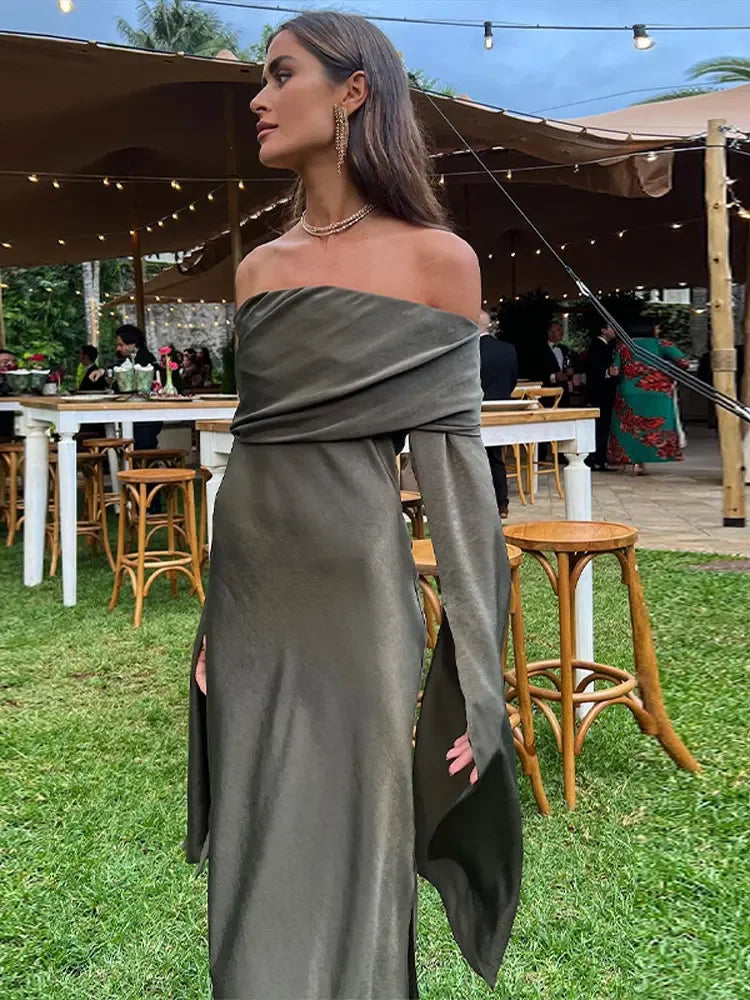 Women 2024 Sexy Solid Off Shoulder Midi Dress Elegant Chic Slash Neck Long Flare Sleeve Dresses Female High Street Club Robes