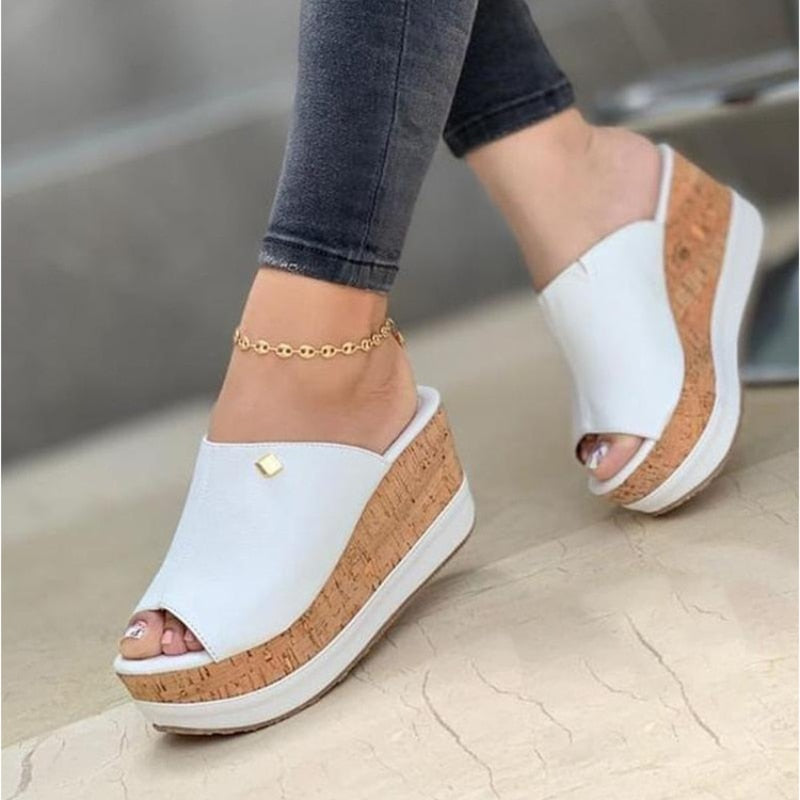 Slippers Summer 1 Wedges  Retro Fish Mouth Large Size Sandals Women High Heel Platform Solid Color Plus Size Shoes Sandalias