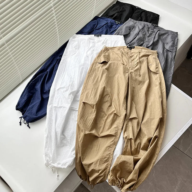 PICSGIRL  -  Women Gold Baggy Low Waist Parachute Cargo Pants Wide Leg Sweatpants Drawstring Hippie Joggers White Trousers