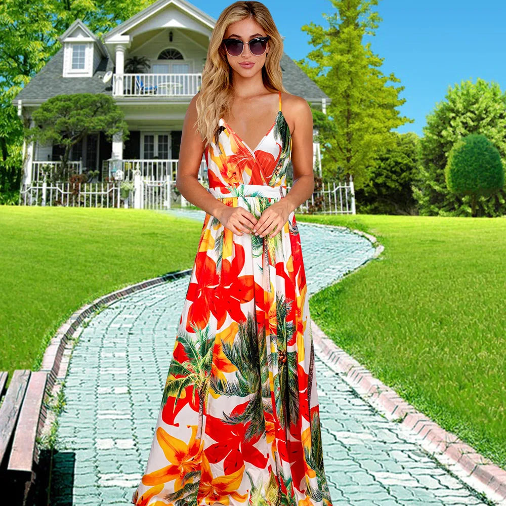 warmmeta-High Quality 2024 Spring Summer New Dress Bohemian Floral Camisole Long Dress Women Elegant Over Size Vestidos Evening Dresses