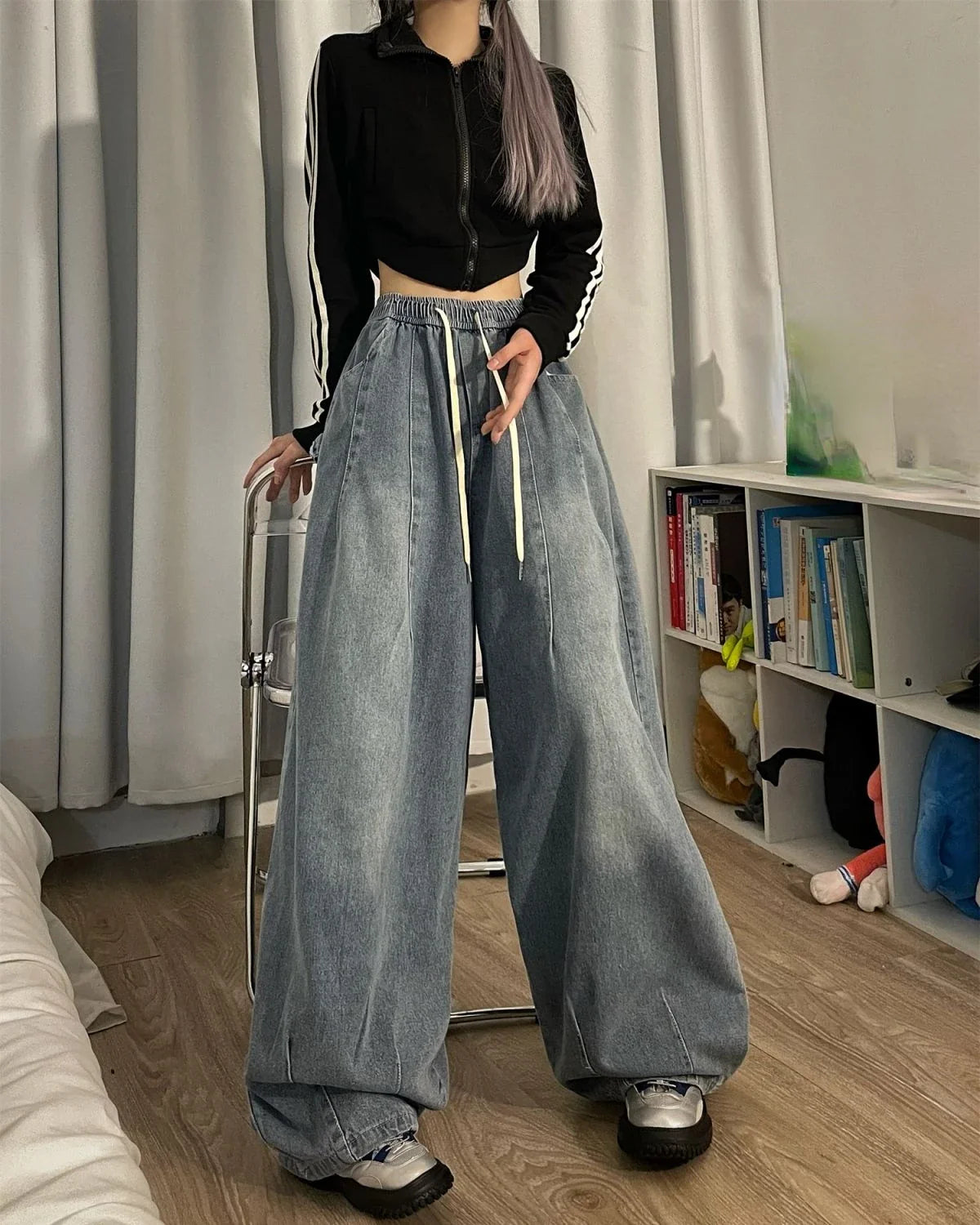 Spring Women Vintage Baggy Jeans Elastic Waist Oversized American Trouser Denim Wide Leg Streetwear Straight Basic Pants Y2k