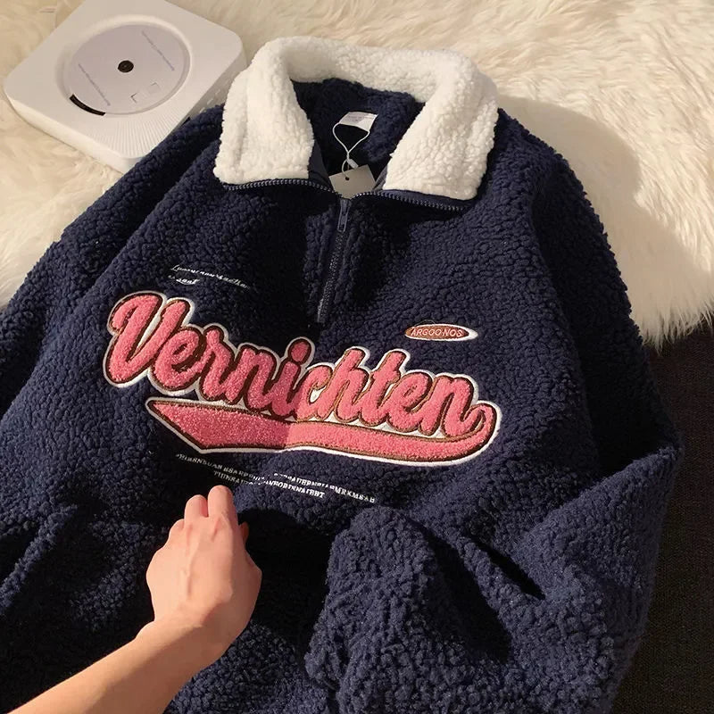 warmmeta Vintage Lamb Wool Sweatshirt Women Embroidery Letter Hoodies Winter Warm Fleece Coat Women Fashion Oversized Baseball Streetwear