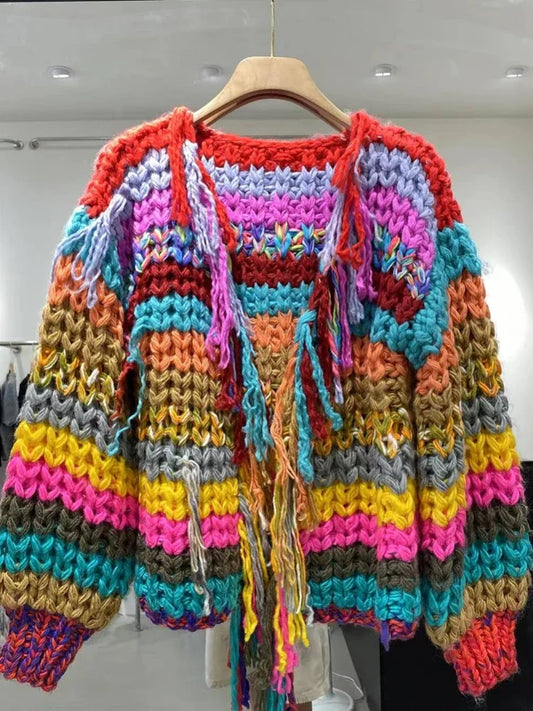 Rainbow Color Tassel Front Chunky Knit Cardigan 2024 Winter Women Handmade Sweater Niche Design Knitwear Outfit