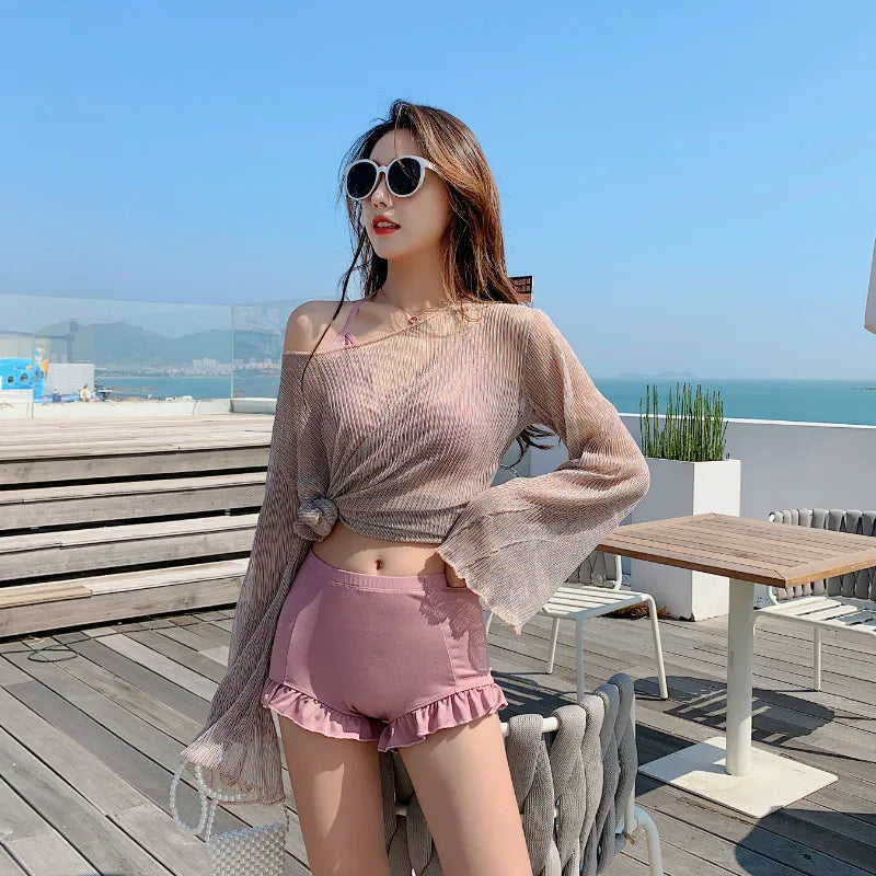 Women Fantasie High Waist 3 Piece Cover Up Swimwear Swimsuit Korean Style Vacation Swim Beach Wear Cardigan Bathing Suit