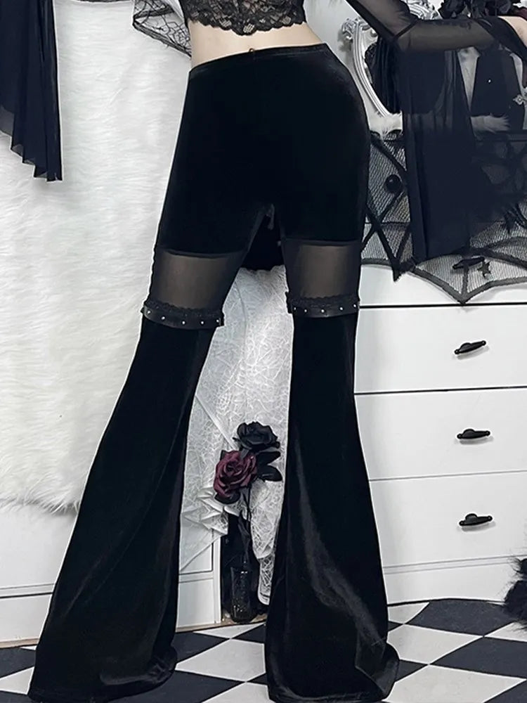 Y2K Velvet Pants Gothic See Through Winter Mesh Patchwork Grunge Streetwear Vintage Black E Girl Leg Belted Flared Pants