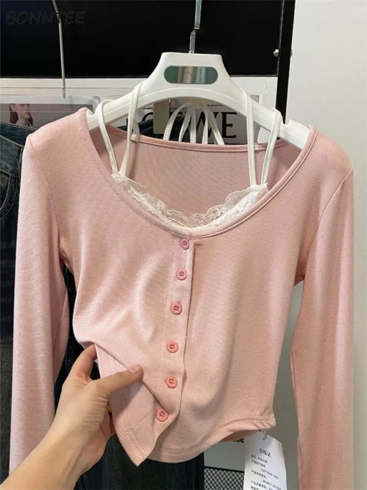 Pink T-shirts Women Slim Sweet College Fashion Korean Spring Soft Leisure Cropped Spliced Designed New Arrival Daily Casual