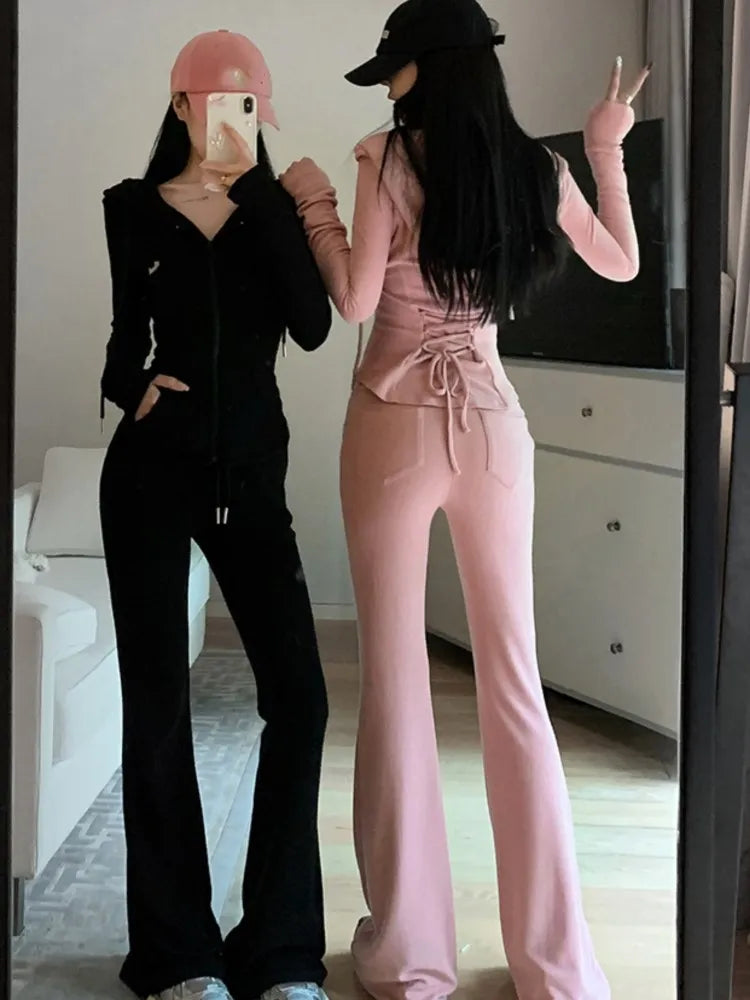 warmmeta-Y2K Casual 2 Piece Set Tracksuit Women Hooded Zip Up Slim Coat + Drawstring Wide Leg Pants Autumn Korean Fashion Solid Outfits