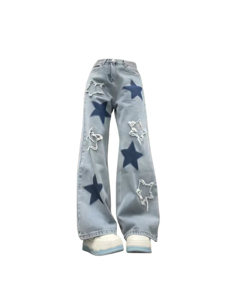 warmmeta Women's Baggy Blue Star Jeans Vintage Y2k 90s Aesthetic Denim Trousers Harajuku High Waist Wide Cowboy Pants 2000s Clothes