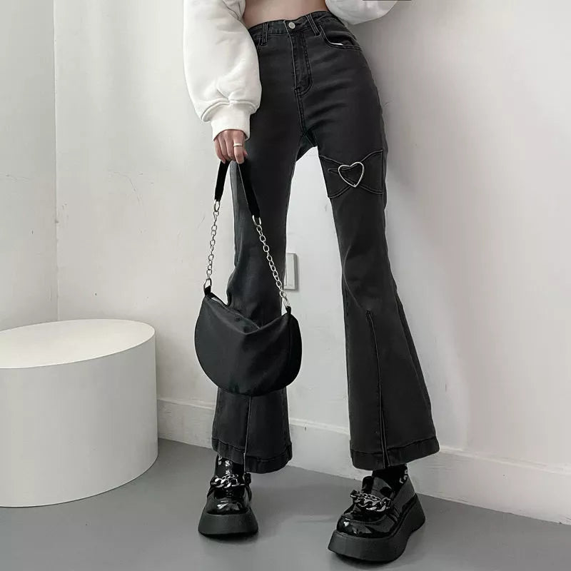 Jeans for Women Vintage Black Denim Flare Pants Streetwear High Waist Slim Mom Trouser Harajuku Y2K Pants