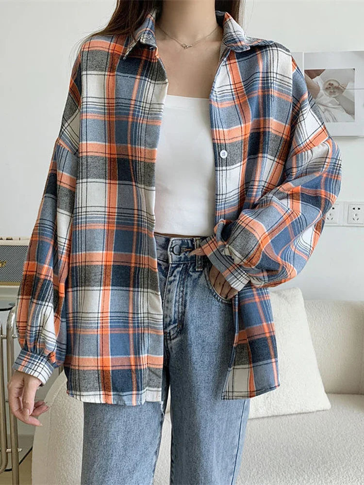 warmmeta Plaid Shirt Women Autumn Long Sleeve Top Female Vintage Fashion Single Breasted Blouse Ladies Preppy Style Loose Check Shirts