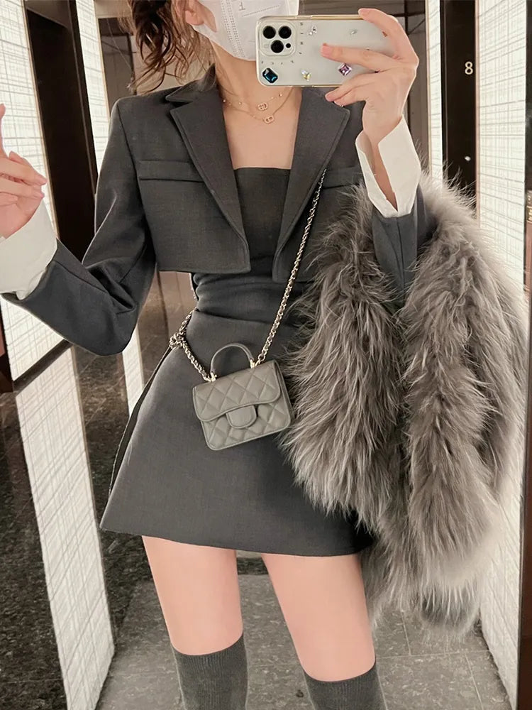 Black Korean Two Piece Dress Set Women Casual Blazer Coat + Strap Dress Set Female Grey Slim Vintage Elegant Dress Suit 2023 New