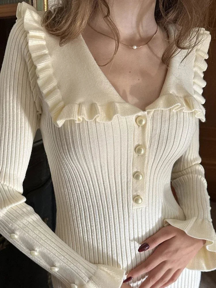 Tea party dress to impress Spring Summer Fashion Women Dresses High Waist Maxies Elegant Long Sleeve Vintage Ruffles Knitted Vestidos 2024