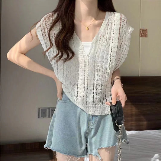 Cotton Crochet Tops Sexy Knitted Hollow Out Sleeveless T-Shirts Loose Female Women Clothing 2023 Summer New Vintage Tees Femme