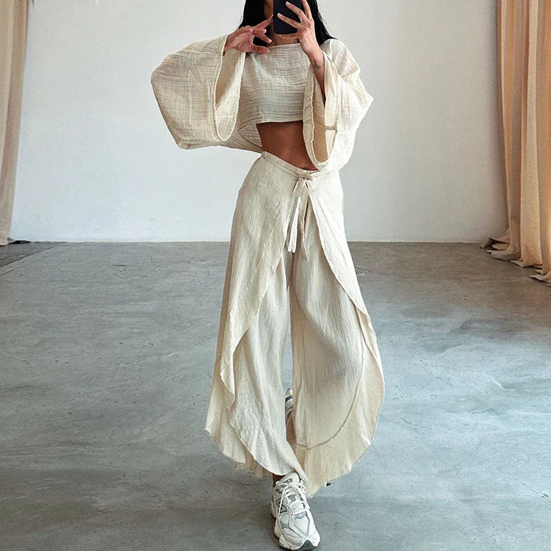 Spring Casual Solid Cotton Linen Suit Summer O Neck Crop Top+Lace-up Ruffle Pants Outfit Sets for Women Flare Sleeve Hollow 2pcs