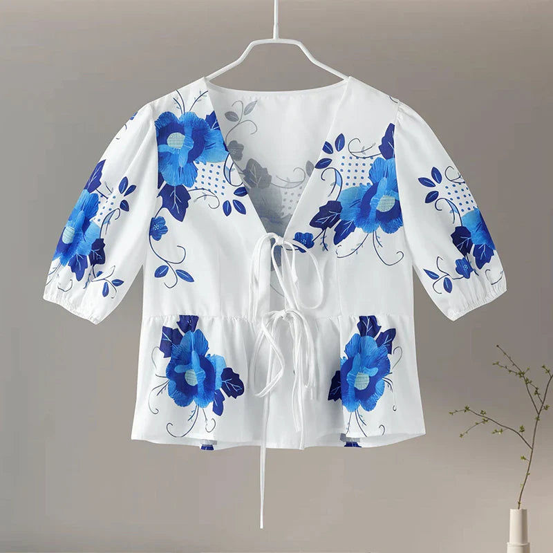 warmmeta Elegant Flower Print Shirt Women Short Puff Sleeve Bow Lace Up Lady Blouse 2024 Spring Summer Fashion V-neck Casual Female Top