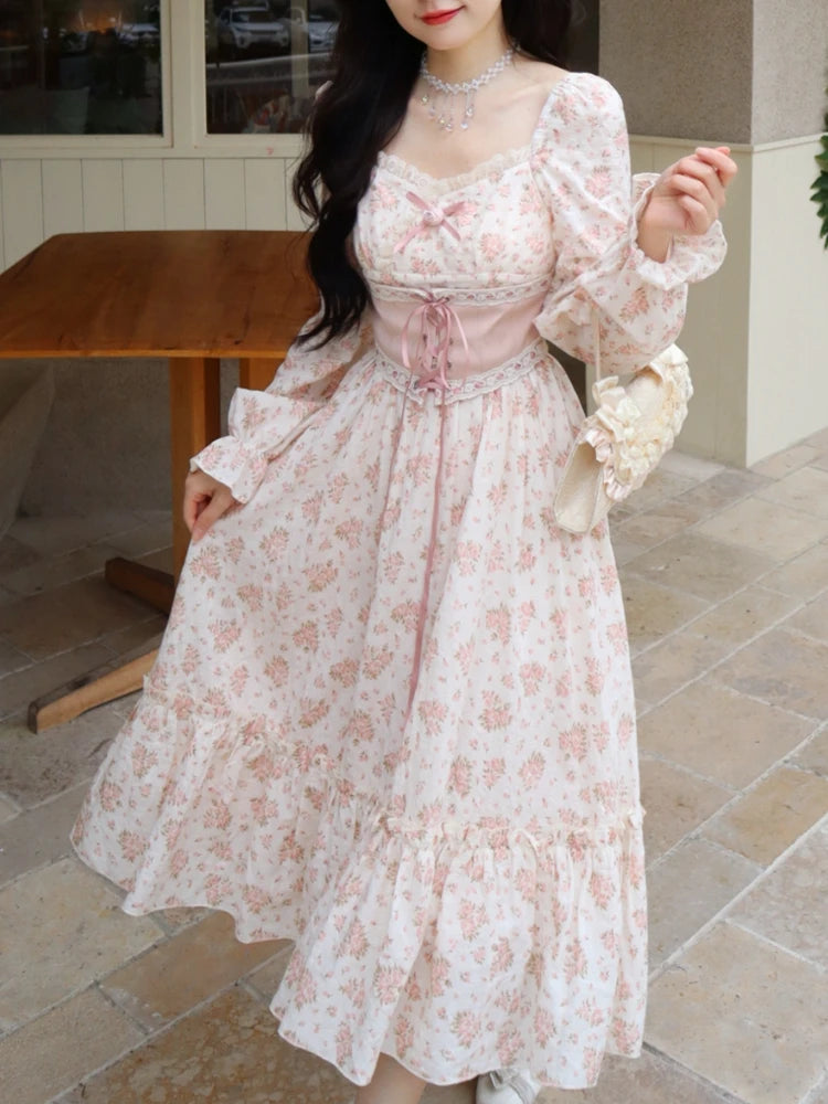 Pink Floral Elegant Dress Women Bandage Lace Print Sweet Vintage Dress Puff Sleeve Kawaii Dress Women Princess Fairy