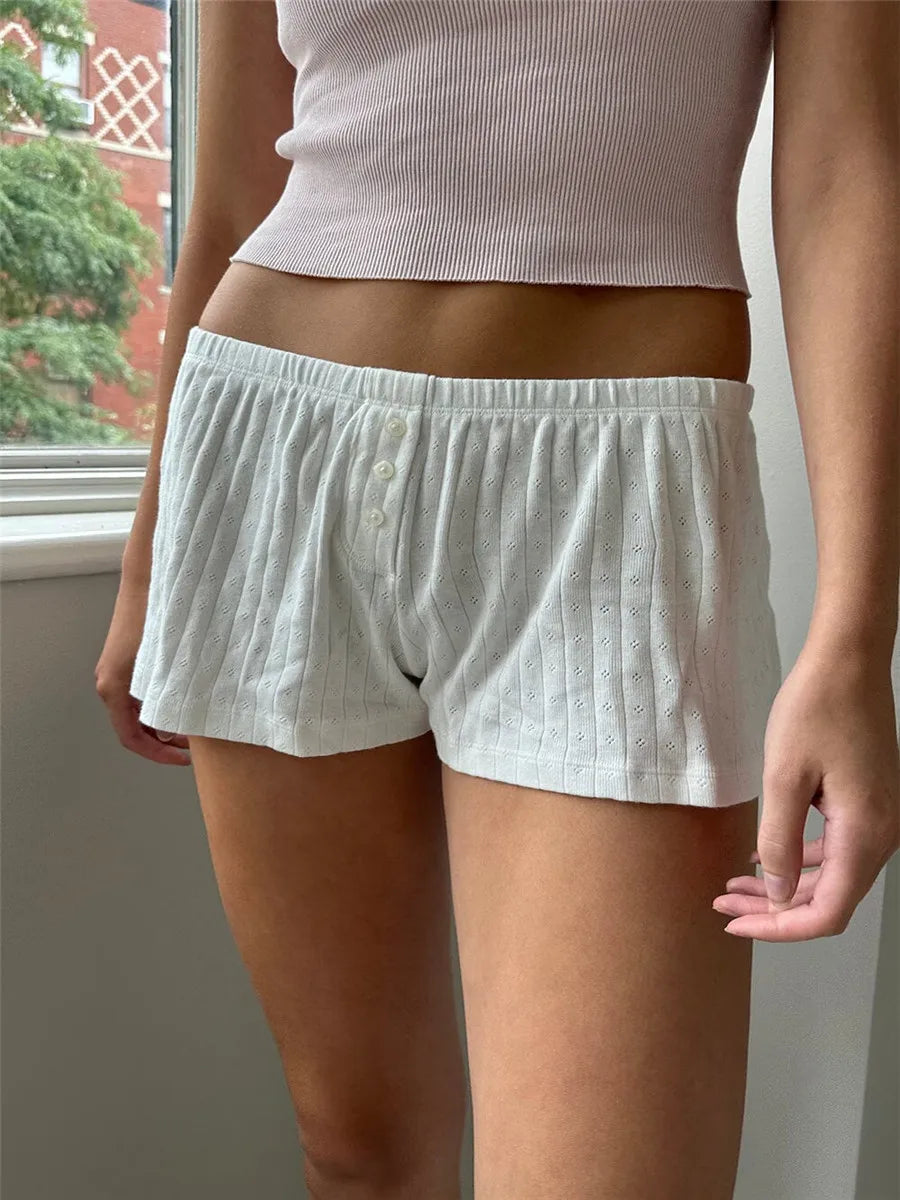 Y2k Cute Print Eyelet Lounge Shorts Women Summer Front Buttons Elastic Waist Casual Short Pants Homewear Vintage Sweet Bottoms