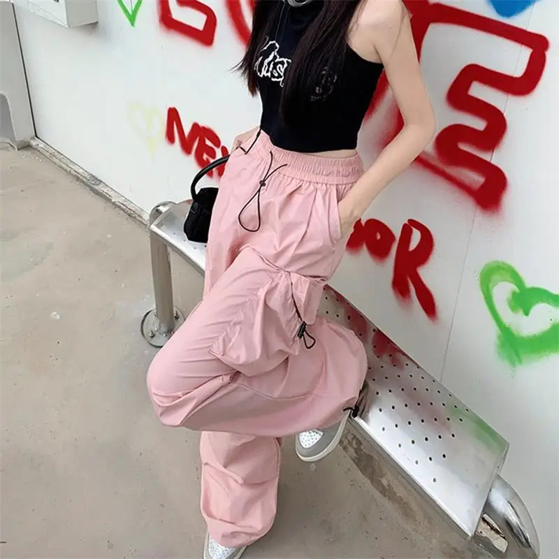 warmmeta Y2K Parachute Black Pants Women Hippie Streetwear Oversize Pockets Cargo Trousers Harajuku Wide Leg Baggy Sweatpants