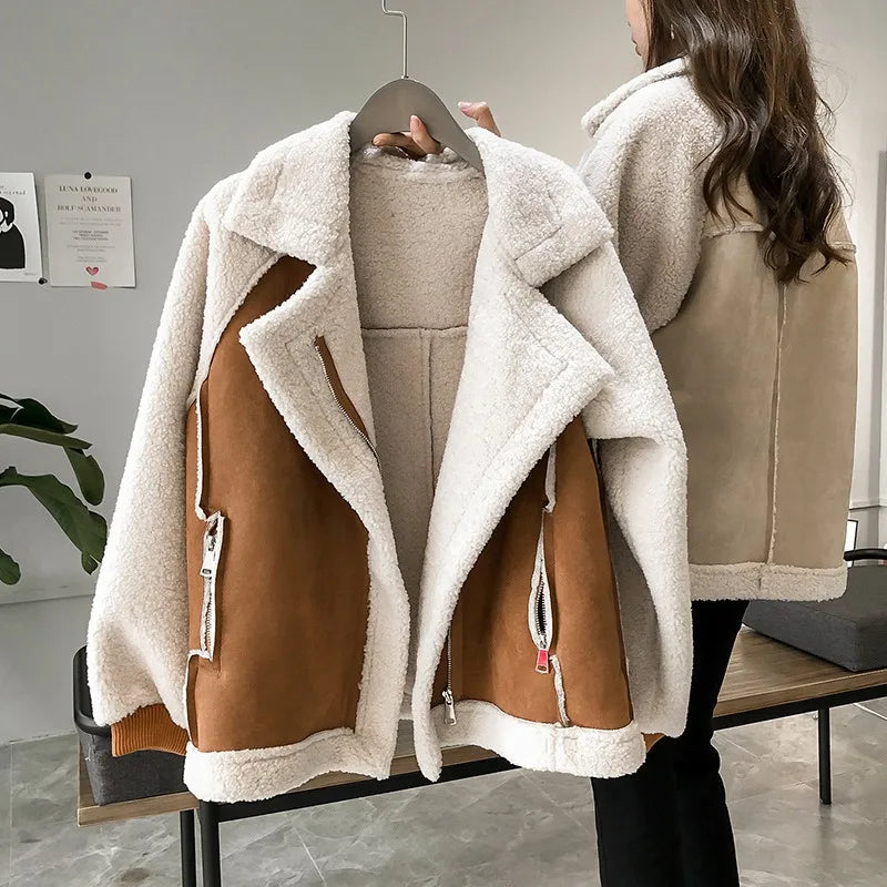 Fashionable 2023 Loose Wool Blend Fur Coat Women's Short Motorcycle Jacket Wool Coat Women