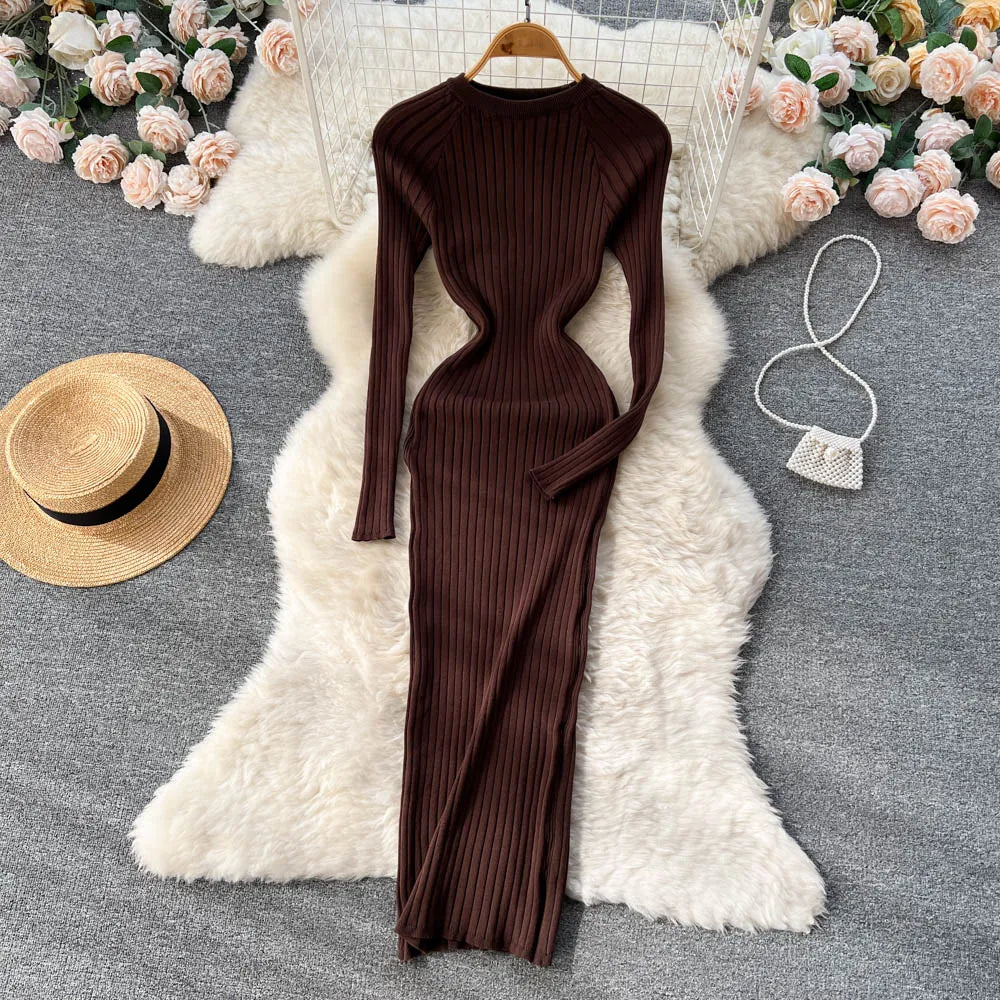 Winter Women Knit Maxi Dress O Neck Autumn Long Sleeve Slim Solid Harajuku Ladies Fashion Pencil Sweater Long Dresses