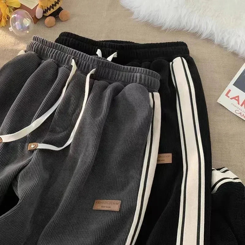 Fall Striped Corduroy Sweatpants Women Winter Thick High Waist Drawstring Wide Leg Trousers Y2K Korean All-Match Straight Pants