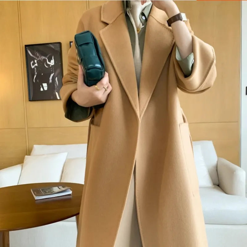 Double-Sided Cashmere Coat For Women In Autumn And Winter 2023, New High-End Lapel Belt, Loose And Long Knee Length Wool Woolen