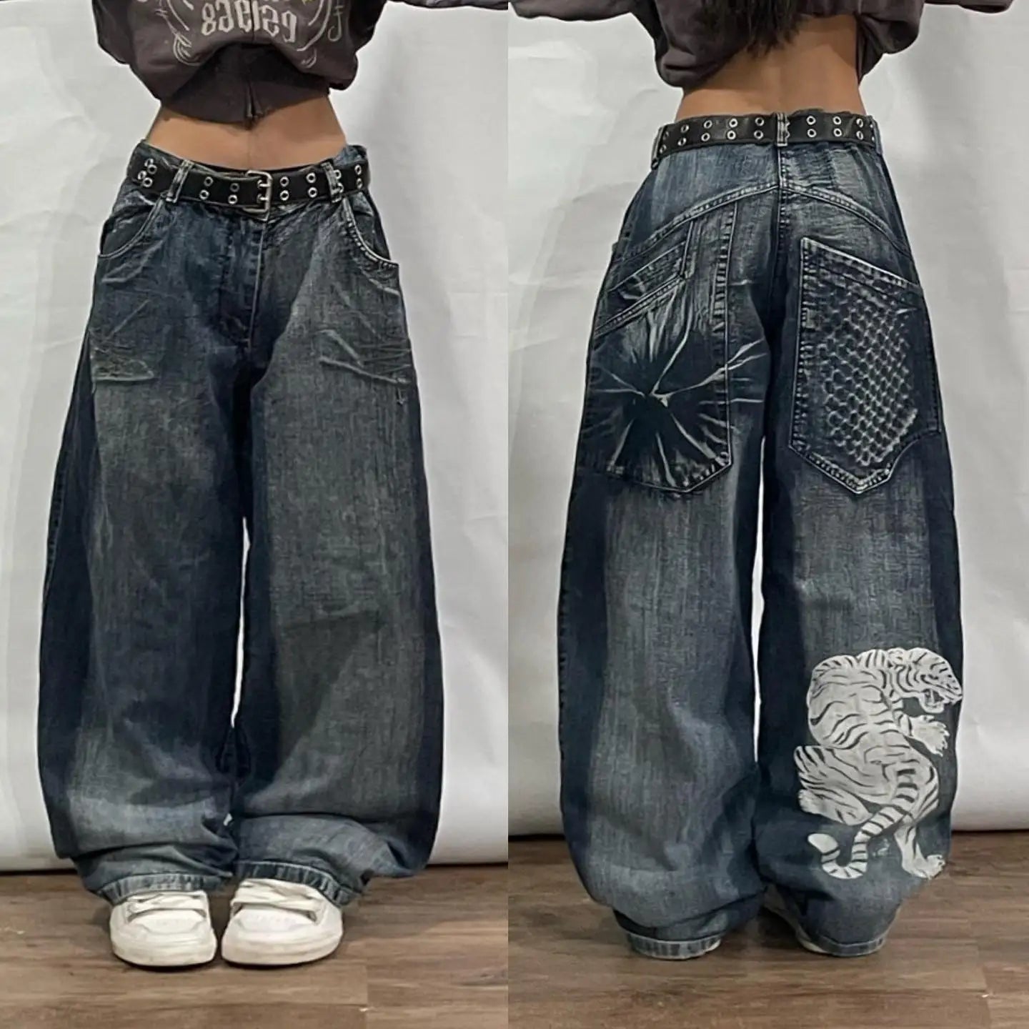 warmmeta Retro Y2k Hip Hop Fashion Street Loose Goth Big Pockets Jeans Men's High Waist Casual Straight Wide Leg Baggy Pants Women