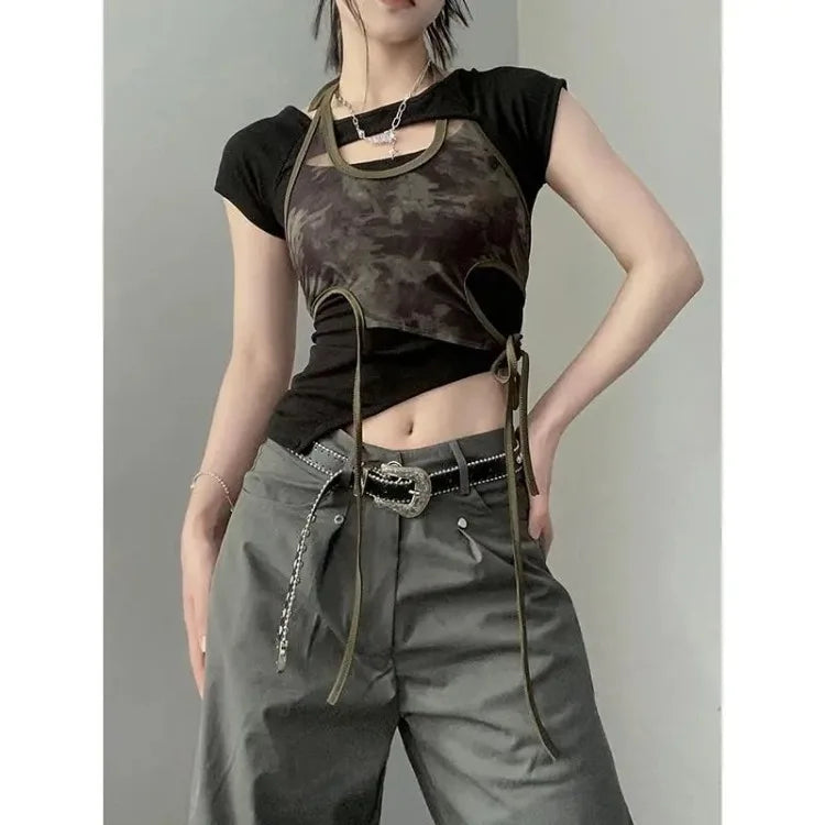 Vintage Camouflage Printed Mesh Halter Camisole Women+ Summer New Slim Fit Irregular Black T-shirts Y2k Grunge Two Piece Sets