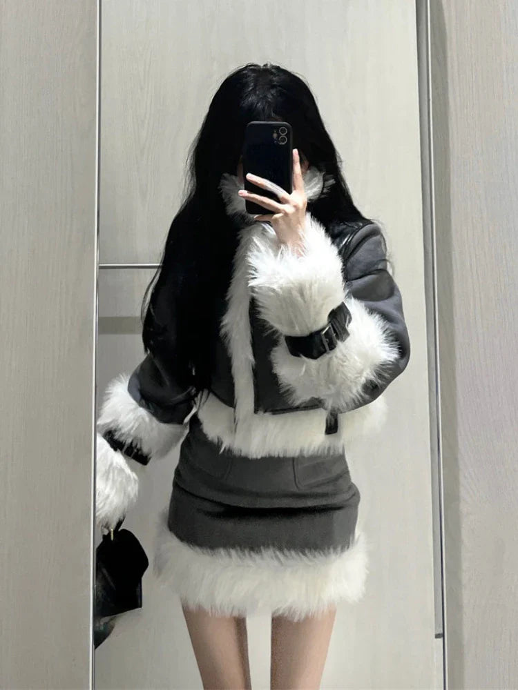 2023 Winter Outwear Elegant 2 Piece Skirt Set Woman Korean Style Suit Warm Fashion Fur Coat Jacket + Casual Slim Y2k Mini Skirt