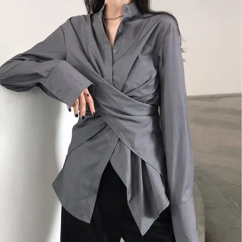 Deeptown Korean Style Women Blouses Tunic White Casual Chic Elegant Female Fashion Irregular Top Long Sleeve Shirts Office Wear