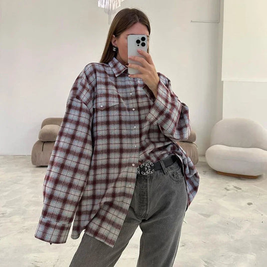 PICSGIRL -  Woman Vintage Plaid Blouses Long Sleeve Oversize Casual Shirt Tops with Pockets Autumn Winter Women's Clothing