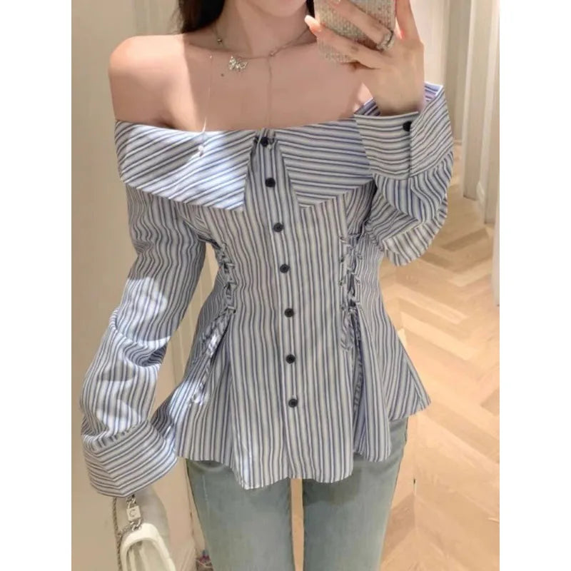 Shoulder Elegant and Youth Woman Blouses Korean Style Striped Shirt Gyaru Fashion Harajuku Long Sleeve Top Chic Spring