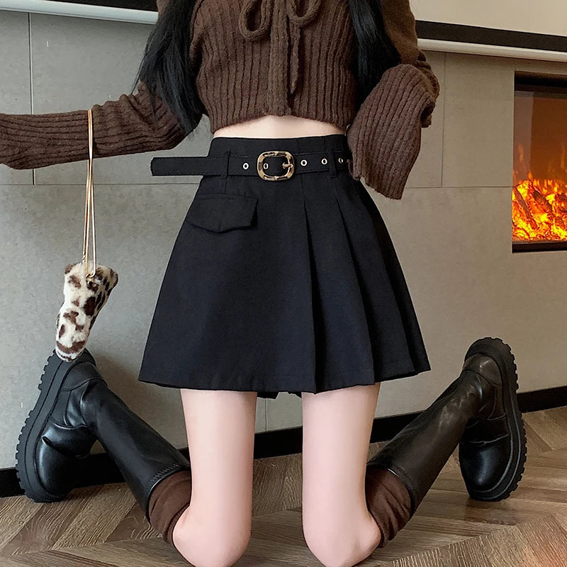 2023 Autumn/Winter Korean version high waisted slim pleated short skirt pants with irregular A-line wide leg shorts for women