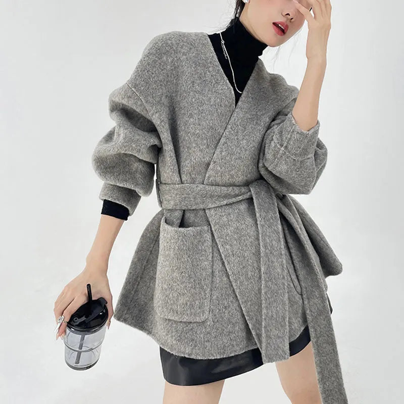 High Quality Loose Double-sided Wool Coat Mid-length Women Bathrobe Style V-neck Long Sleeve Lace-up Woolen Jacket Autumn Winter