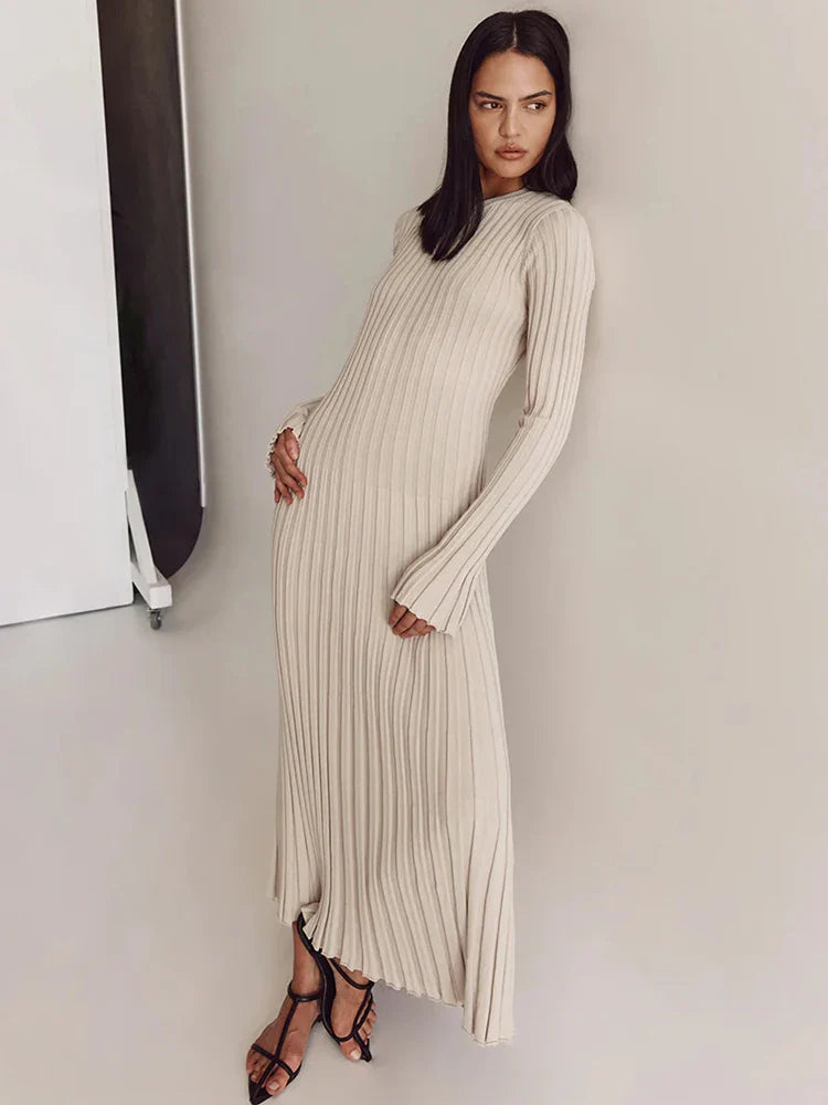 WARMMETA Lace-Up Female Knit Maxi Dress Autumn High Waist Fashion Patchwork Long Sleeve Loose Solid Dress Bandage Knitwear Dress