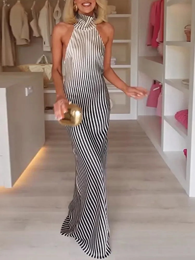 Women Chic Vertical Striped Gradient Halter Maxi Dress Sexy Off Shoulder Backless Lace Up Robe Summer Lady Elegant Evening Gown