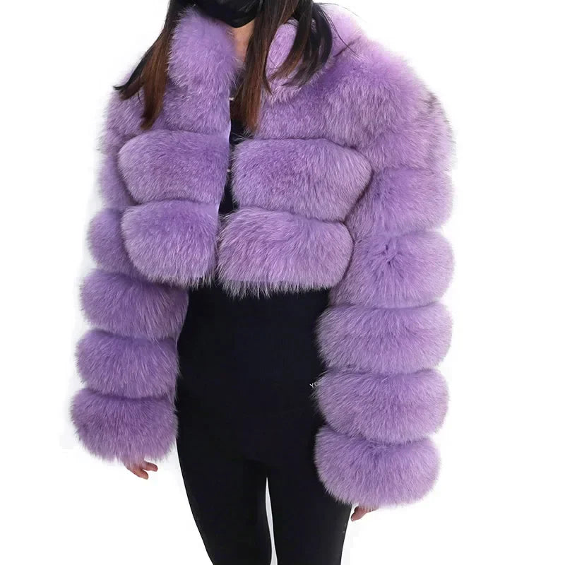 warmmeta Real Fur Jacket  Women Winter Short Natural real Fox Fur Lady Zipper Fur Coat Female Warm Jacket  with Collar