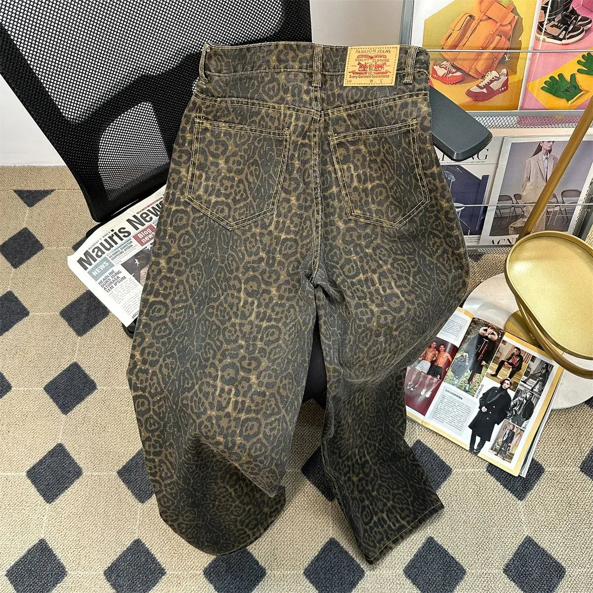 Retro Spring Trendy Leopard Print Jeans Women's American High Street Trousers Y2K Harajuku Style Baggy High Waist Casual Pants