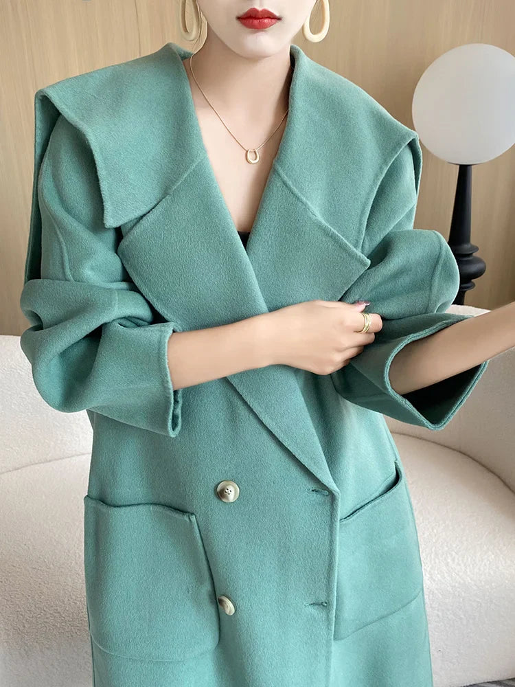 High-End Beautiful Women's Coat Autumn and Winter Long 100%Pure Wool Dovetail Collar Trendy Coat Fashionable All-Match Loose Top