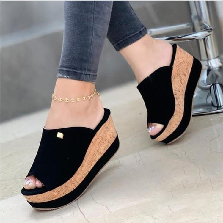 Slippers Summer 1 Wedges  Retro Fish Mouth Large Size Sandals Women High Heel Platform Solid Color Plus Size Shoes Sandalias