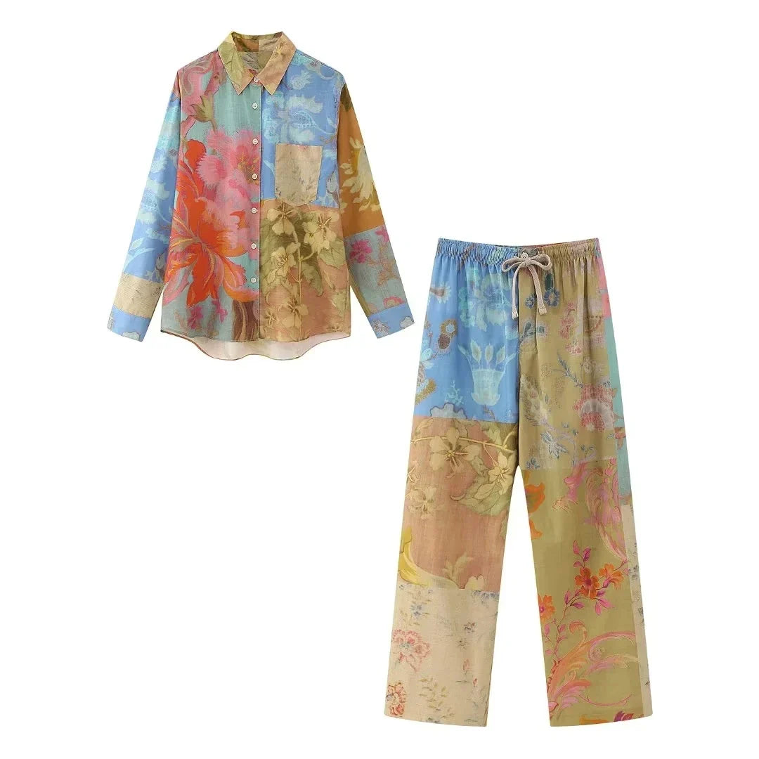 warmmeta-Vintage Tie Dye Print Women Suit Single Breasted Blouse Straight Long Loose Pants New Fashion Summer Boho Blouse and Pants Sets